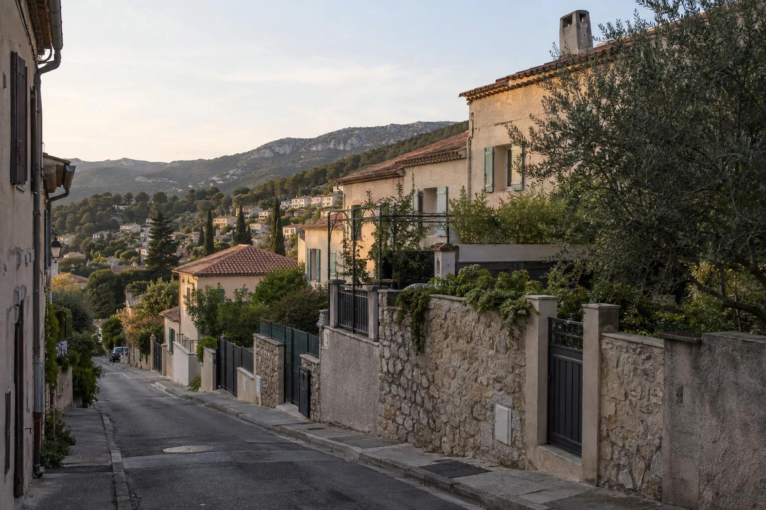 Maisons et rue résidentielle en pente dans les collines près d’Allauch